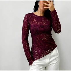 Blusa Feminina assimétrica de Renda Manga Longa Elegante Tendência 2026