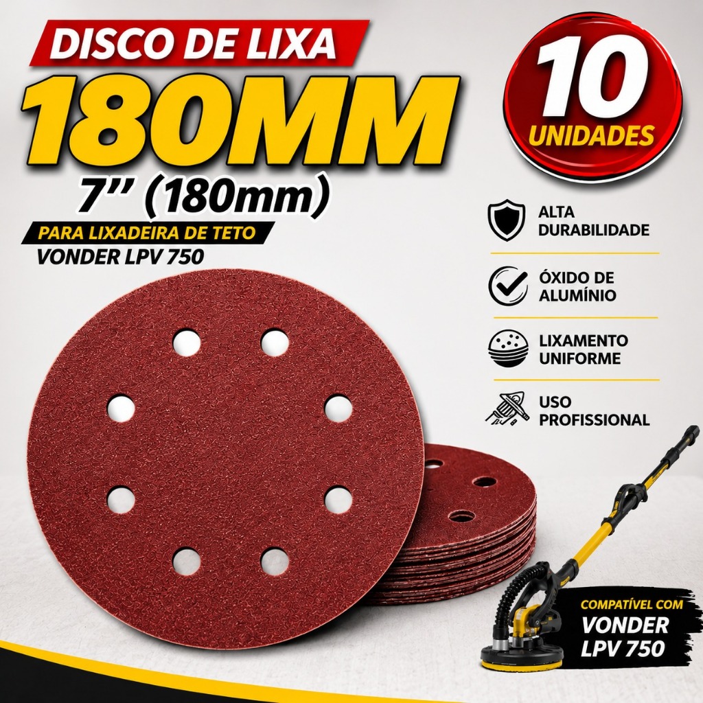 10 Disco De Lixa 180mm Para Lixadeira Lpv750 Vonder - Menegotti MLP 800H e MLP 710 LED