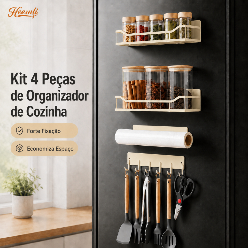 Heemli Organizador Magnético Geladeira Kit 4 Peças Prateleira Cozinha Porta Temperos