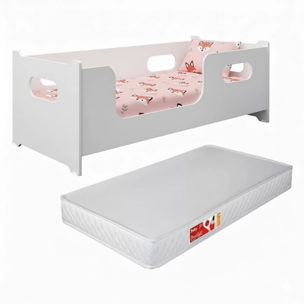 Cama Montessoriana Infantil MDF com Colchão Incluso | Cercadinho de Proteção Lateral | Caminha Montessori para Crianças