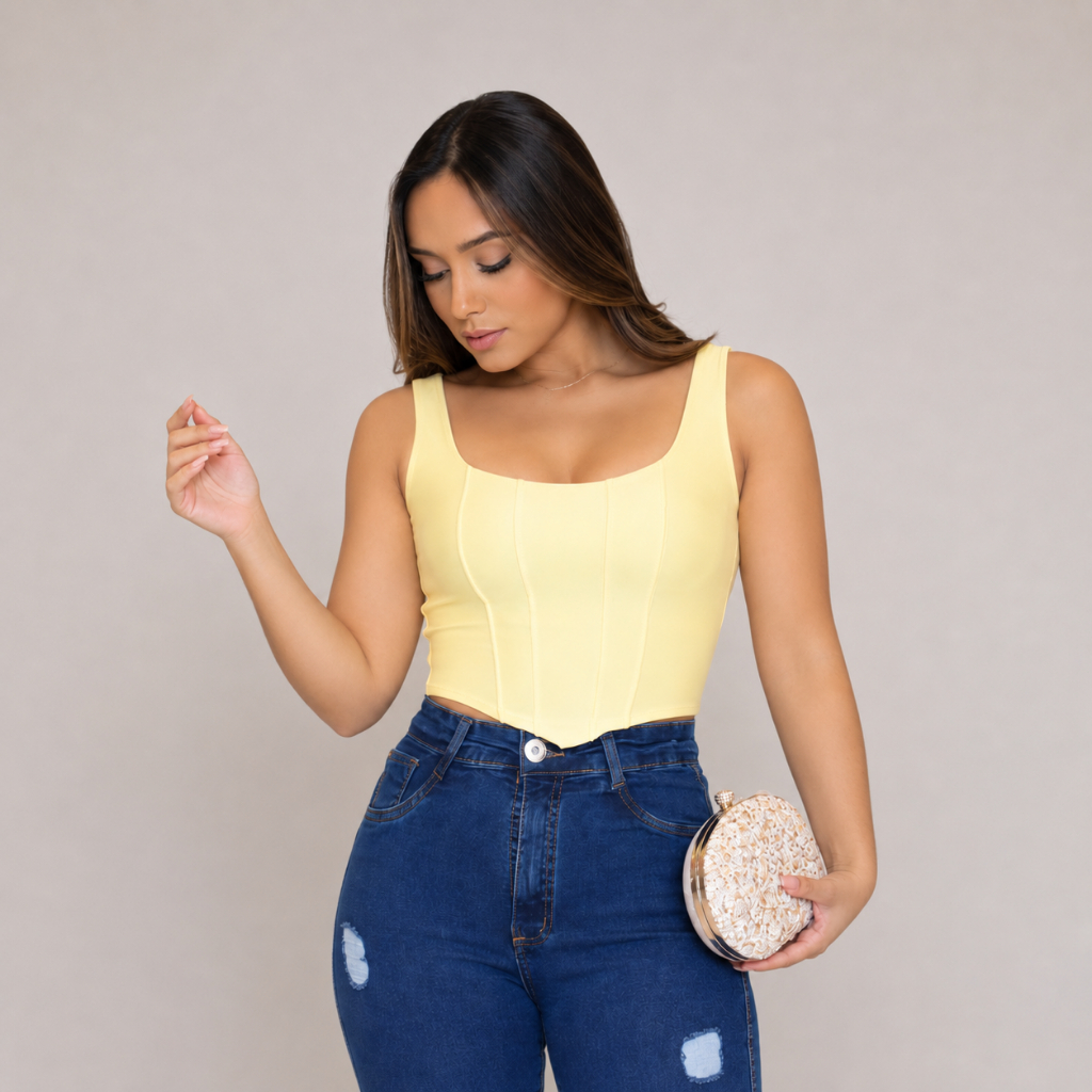 Cropped Corset com Bojo Bico V Lançamento Verão Modelagem Perfeita Suplex com Ótima Elasticidade