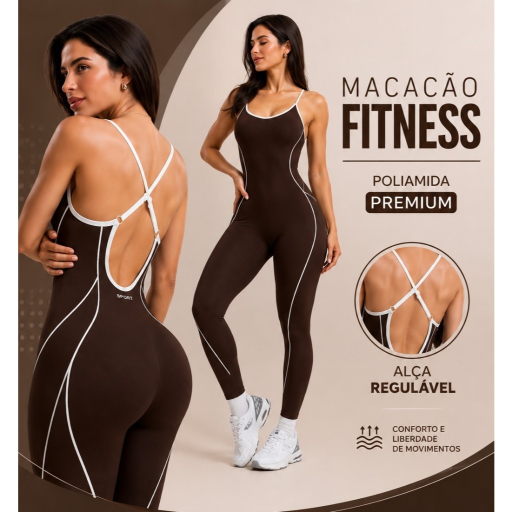 Macacão Fitness Feminino Marrom Poliamida Premium Alça Regulável Zero Transparência Academia Modelador