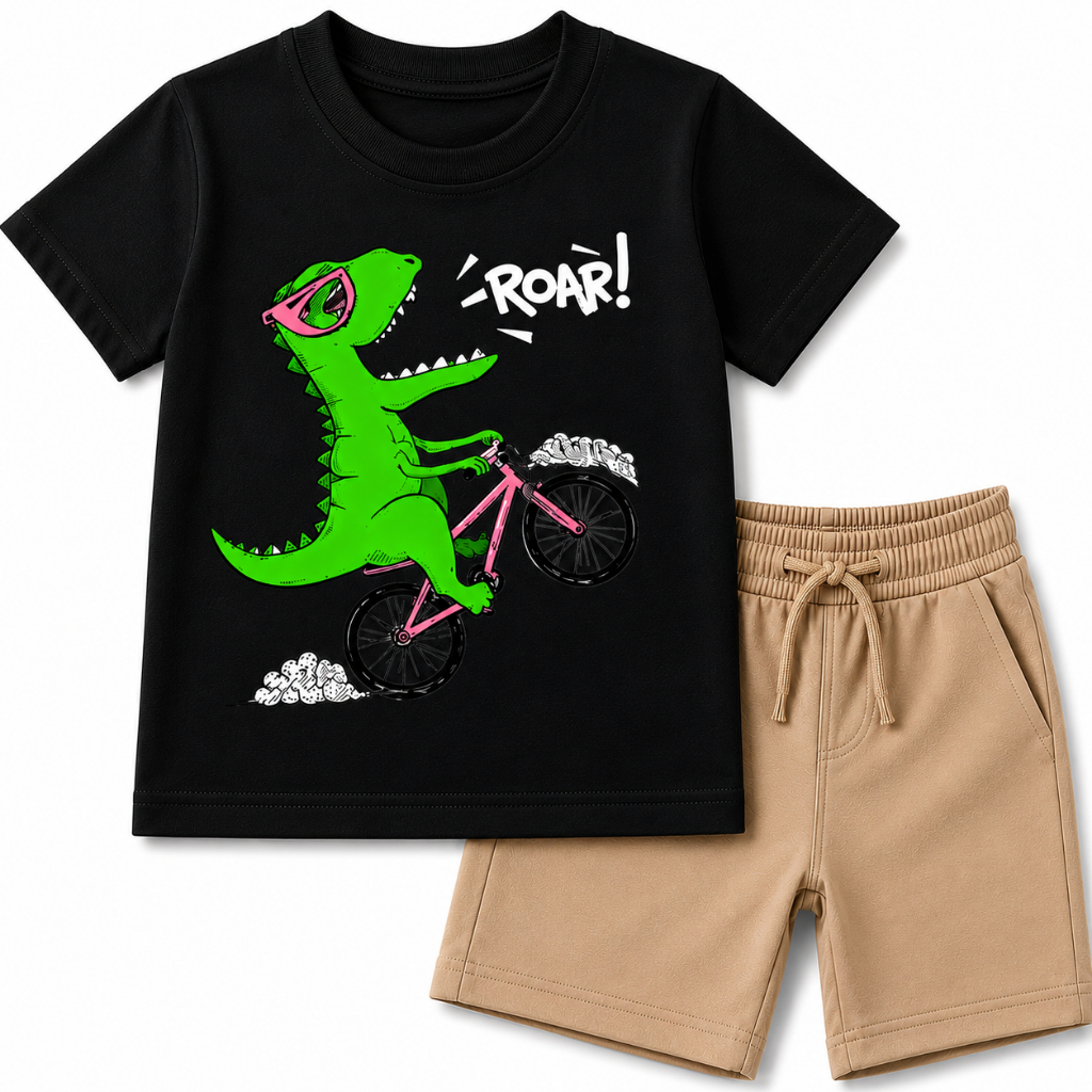 Conjunto Infantil Masculino Dinossauro Camiseta Branca Estampada e Bermuda Bege Conjunto Confortável