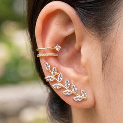 Kit 2 brincos de pressão ear cuff folha strass brilhante - Apenas Ouvido Direito Feminino , Banhada a prata ou ouro