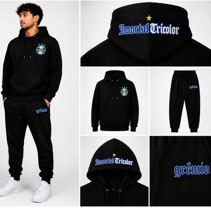 Conjunto Moletom grêmio Time Feminino Masculino Flanelado Blusa com Capuz + Calça Imortal Tricolor