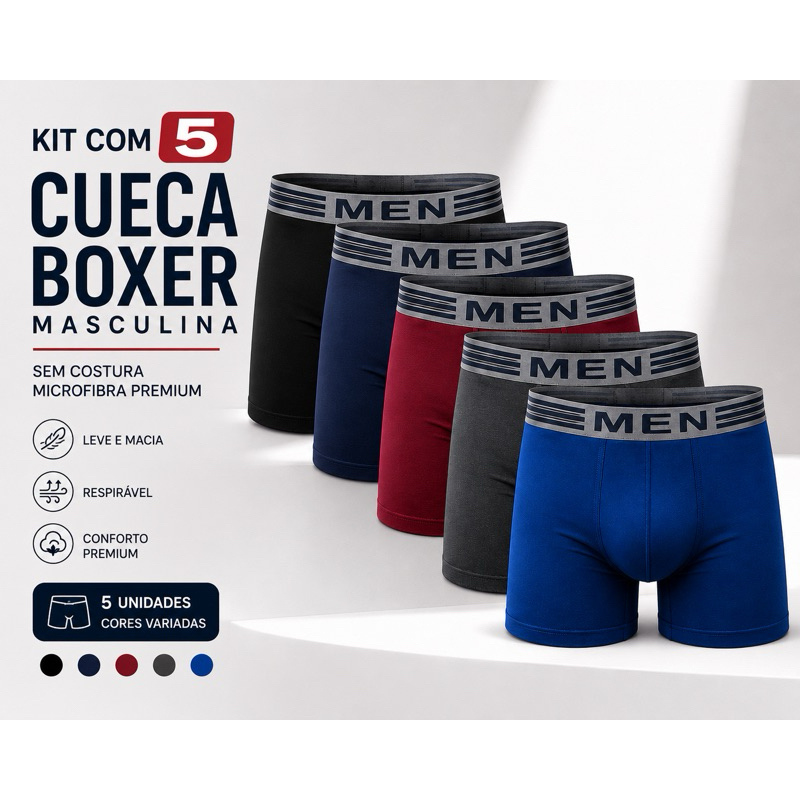 Cueca Boxer Masculina Kit com 5 Sem Costura Microfibra Confortável Cós Elástico Premium