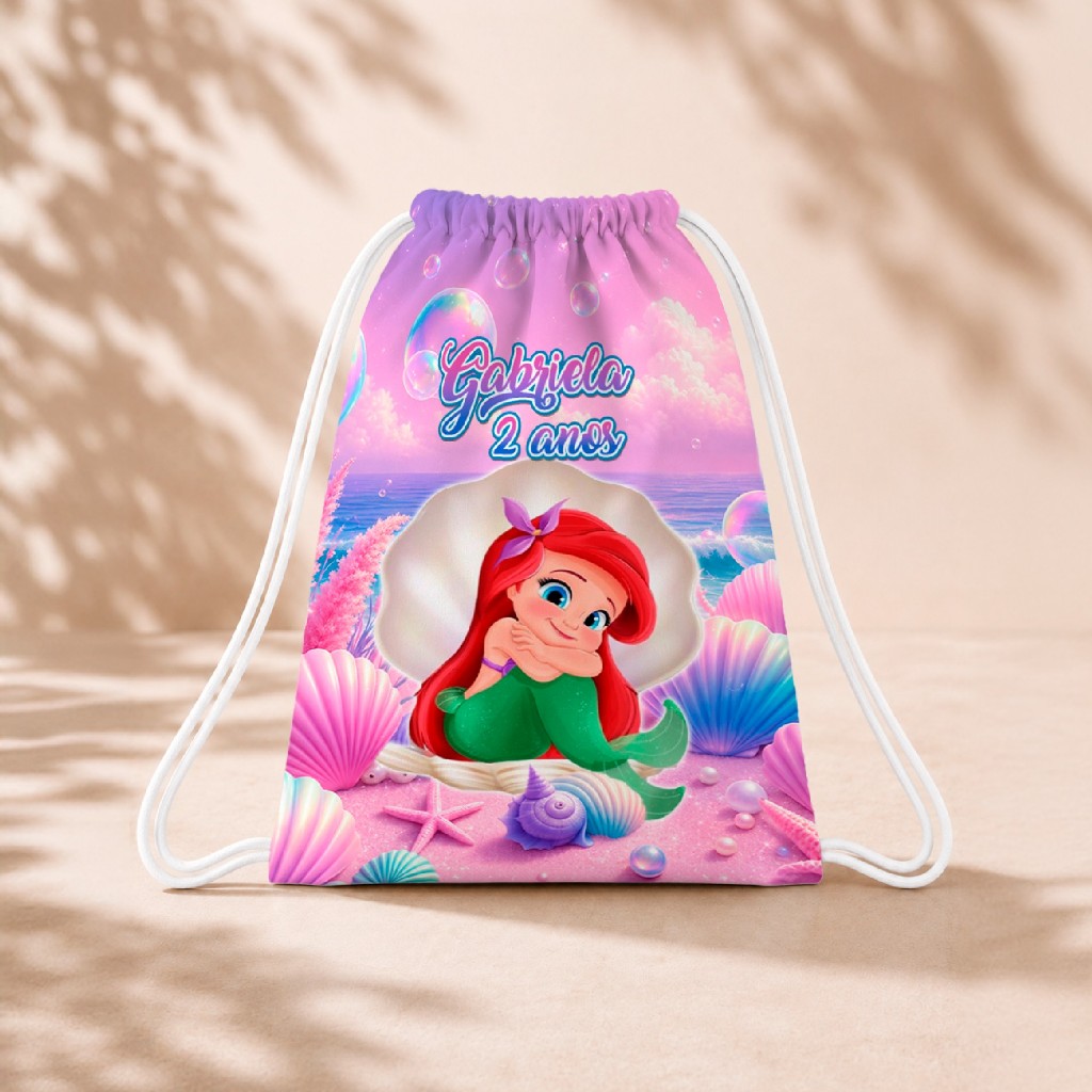 10 Mochila Personalizada 18x26 Sacolinhas Festa Aniversário Lembrancinha Ariel Baby Sereia Rosa