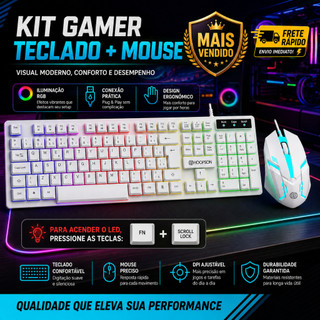 Kit Teclado e Mouse branco Gamer RGB LED USB ABNT2 Profissional com Luz para PC Notebook …
