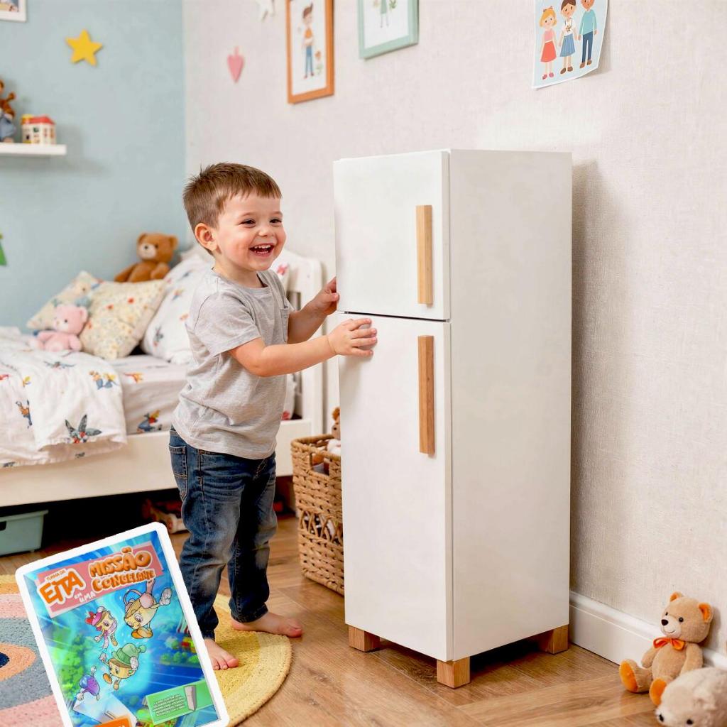 Geladeira Infantil Madeira Brinquedo Pedagógico Criança Faz de Conta Cozinha Infantil Chef Lúdico Kit Livro Educativo