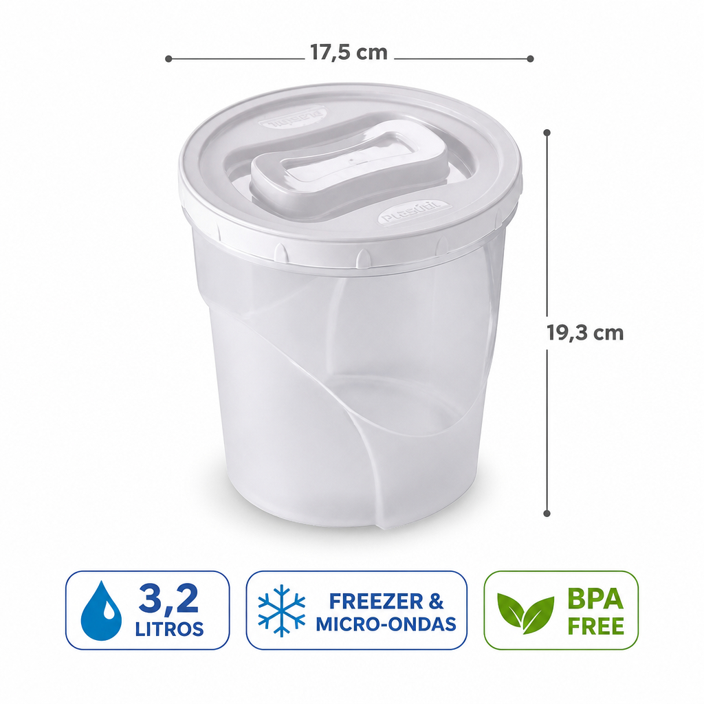 Pote Redondo Tampa Rosca 3,2 Litros Porta Mantimentos 17,5cm Transparente Hermético Freezer Micro-ondas Cozinha BPA Free