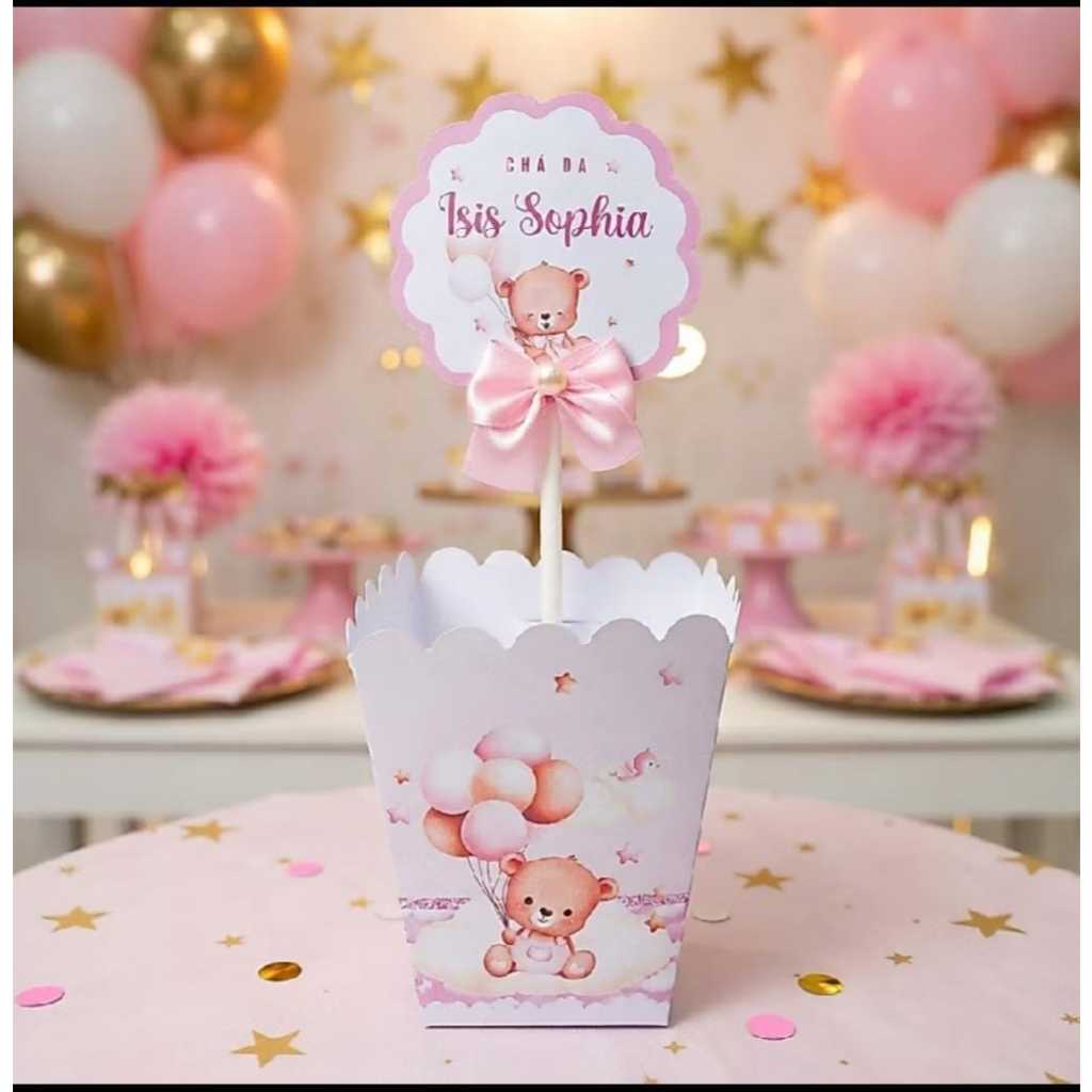 Centro de Mesa personalizado cha de bebe fraldas revelacao ursinhos ursinha rosa princesa realeza varios temas