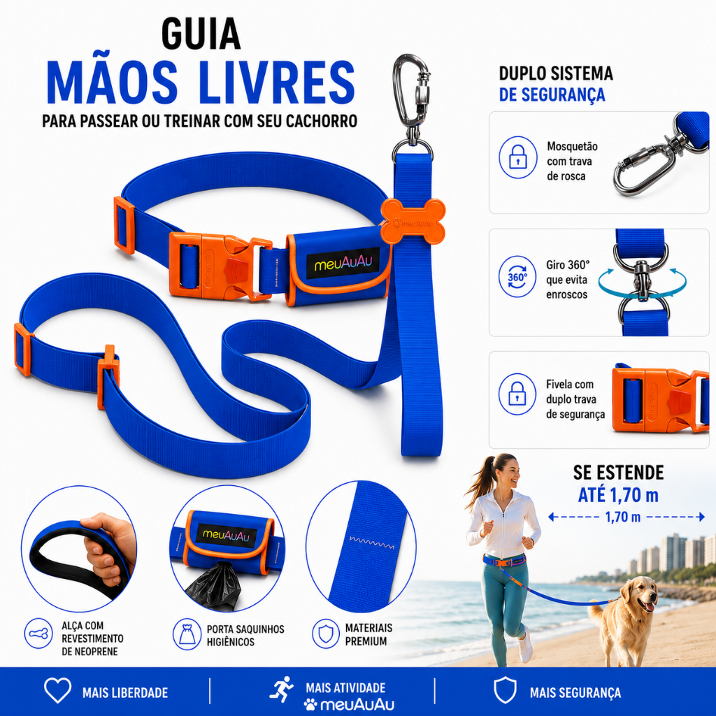 GUIA PARA PASSEIO MÃOS LIVRE + BOLSINHA CATA CACA TODAS AS RAÇAS