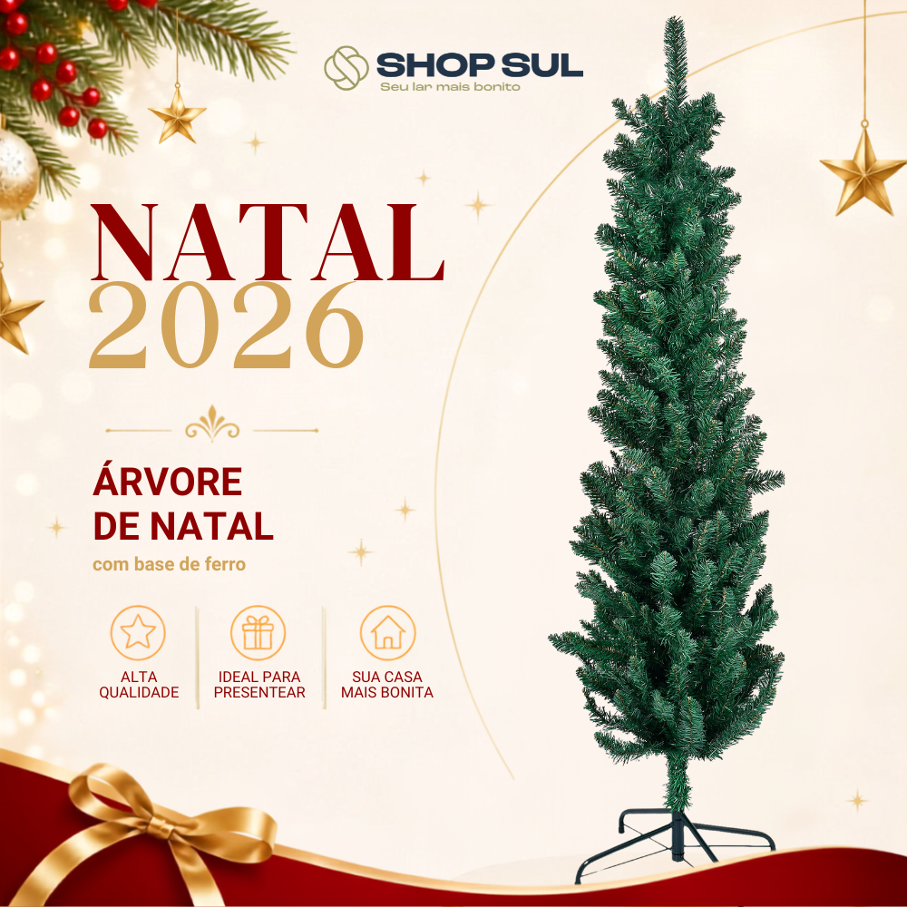 Árvore de Natal Slim Verde Luxo 150cm | 180cm com 250 Galhos Base de Ferro