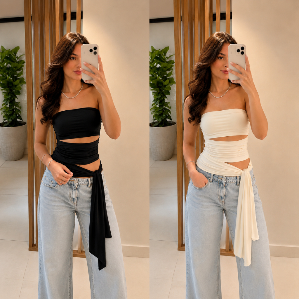 Top Cropped Feminino Tomara que Caia com Amarração Lateral