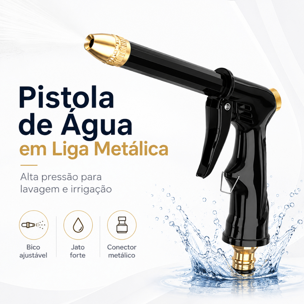 Pistola de Água Alta Pressão com Bico Metálico, Trava de Gatilho, Ideal para Lavar Carro, Limpeza e Irrigação de Jardim