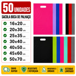 50UN Sacolas Plásticas 16X20/20X30/25X35/30X40/40X50 Boca de Palhaço/Alça Vazada Sacola Lembrancinha