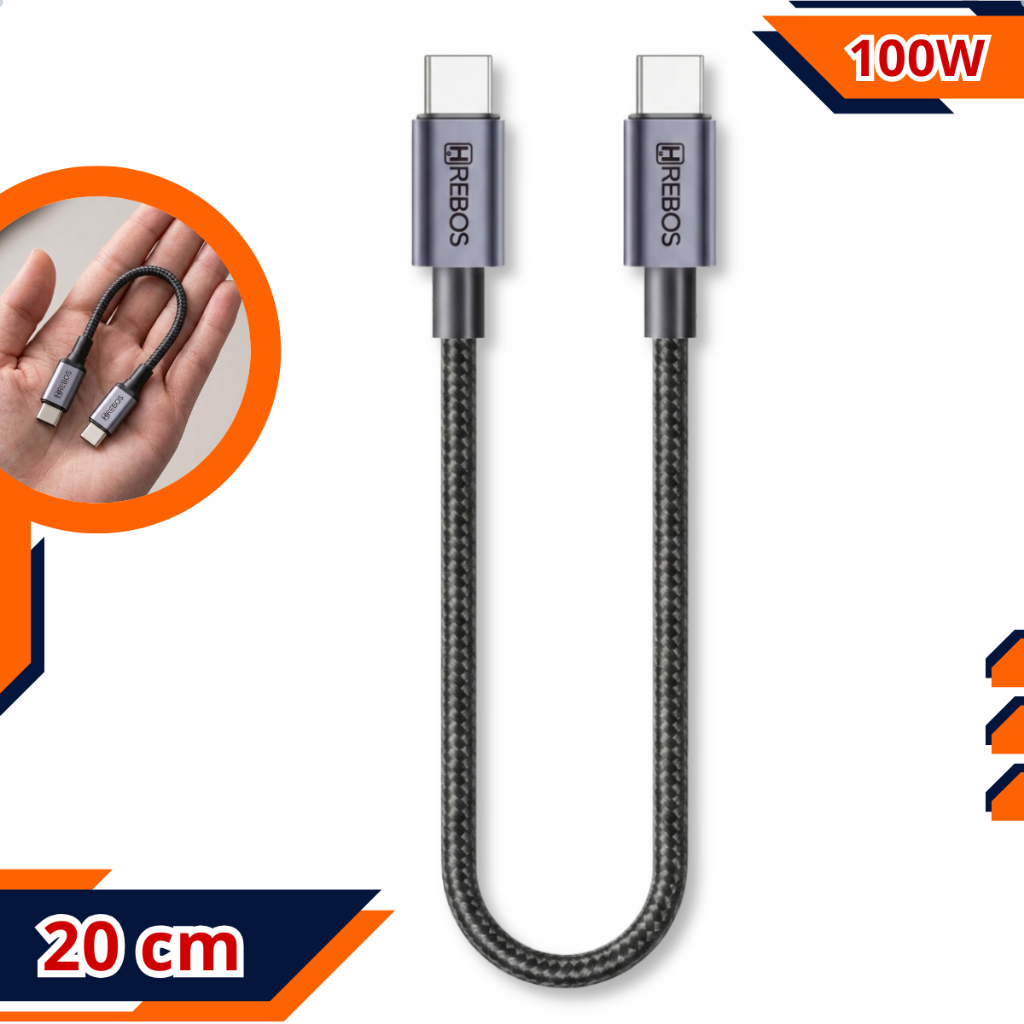 Cabo Curto Tipo C x Tipo-C Turbo C/ 20cm de 100W Pequeno Celular Power Bank Carregador Rápido Mini