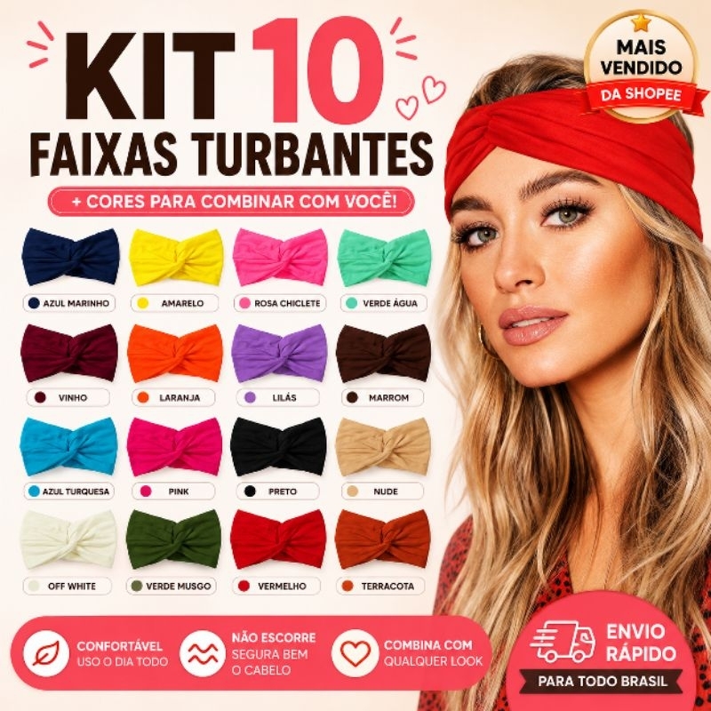 Kit 10 Turbantes Faixas Várias Cores Tiaras para Cabelo Moda Acessório Feminino Confortável