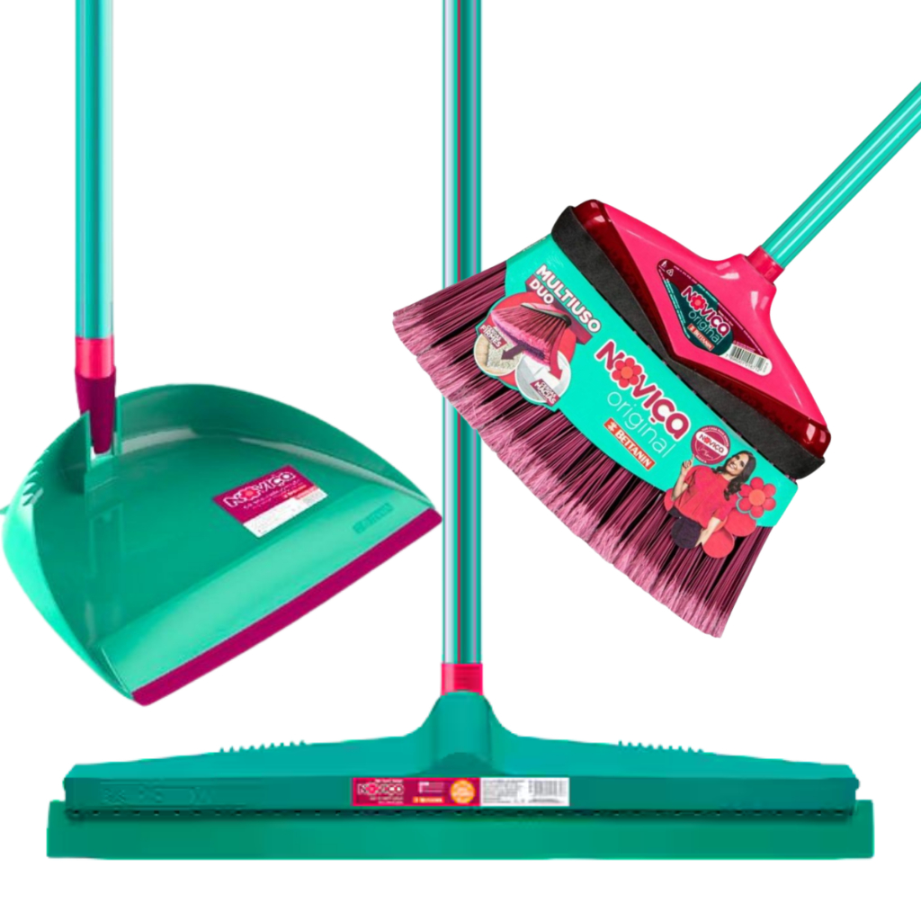 Kit Limpeza Completo Vassoura Multiuso + Pá de Lixo Com Cabo + Rodo 40cm Noviça Premium