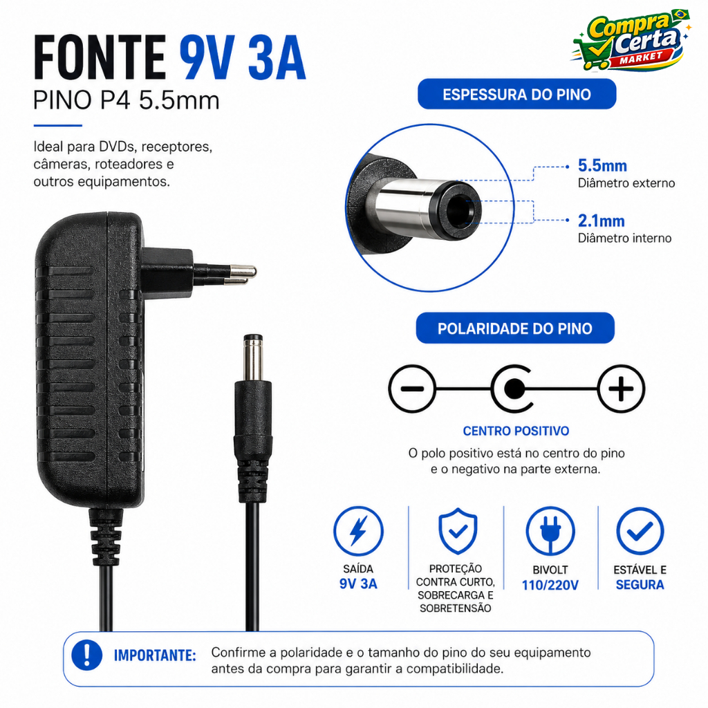 Fonte Carregador Para Caixa de Som 9v Amvox Bravox Lenoxx Trc Multilaser