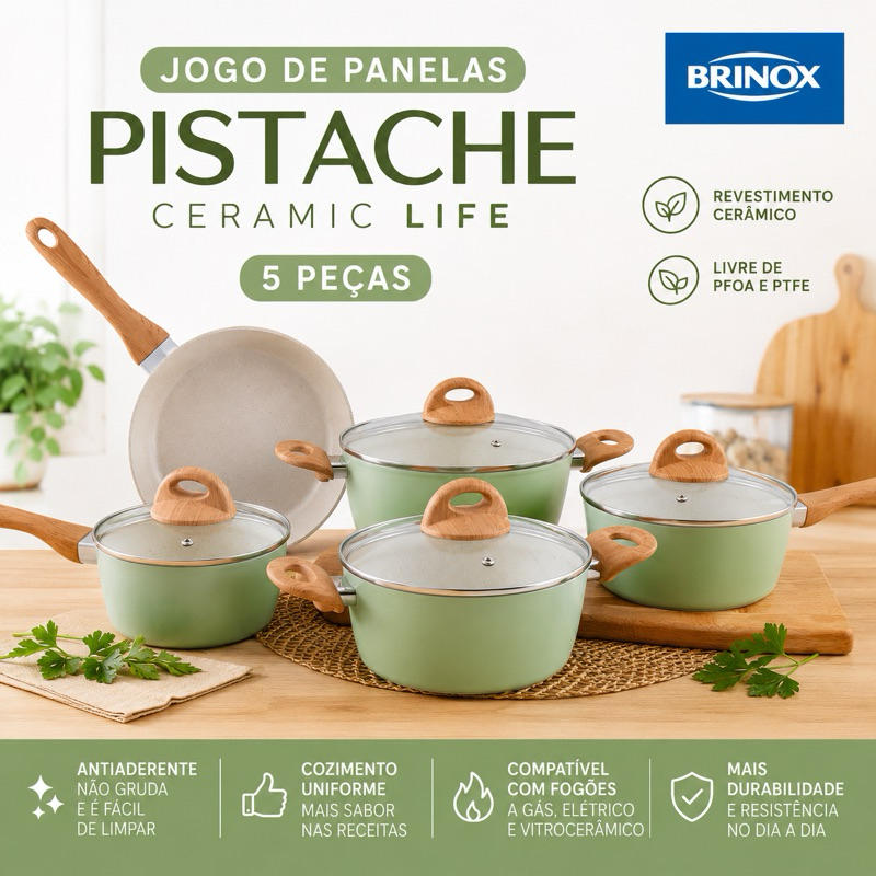 Jogo de Panelas Brinox Ceramic Life Pistache 5 Peças Panelas de Cerâmica Antiaderent