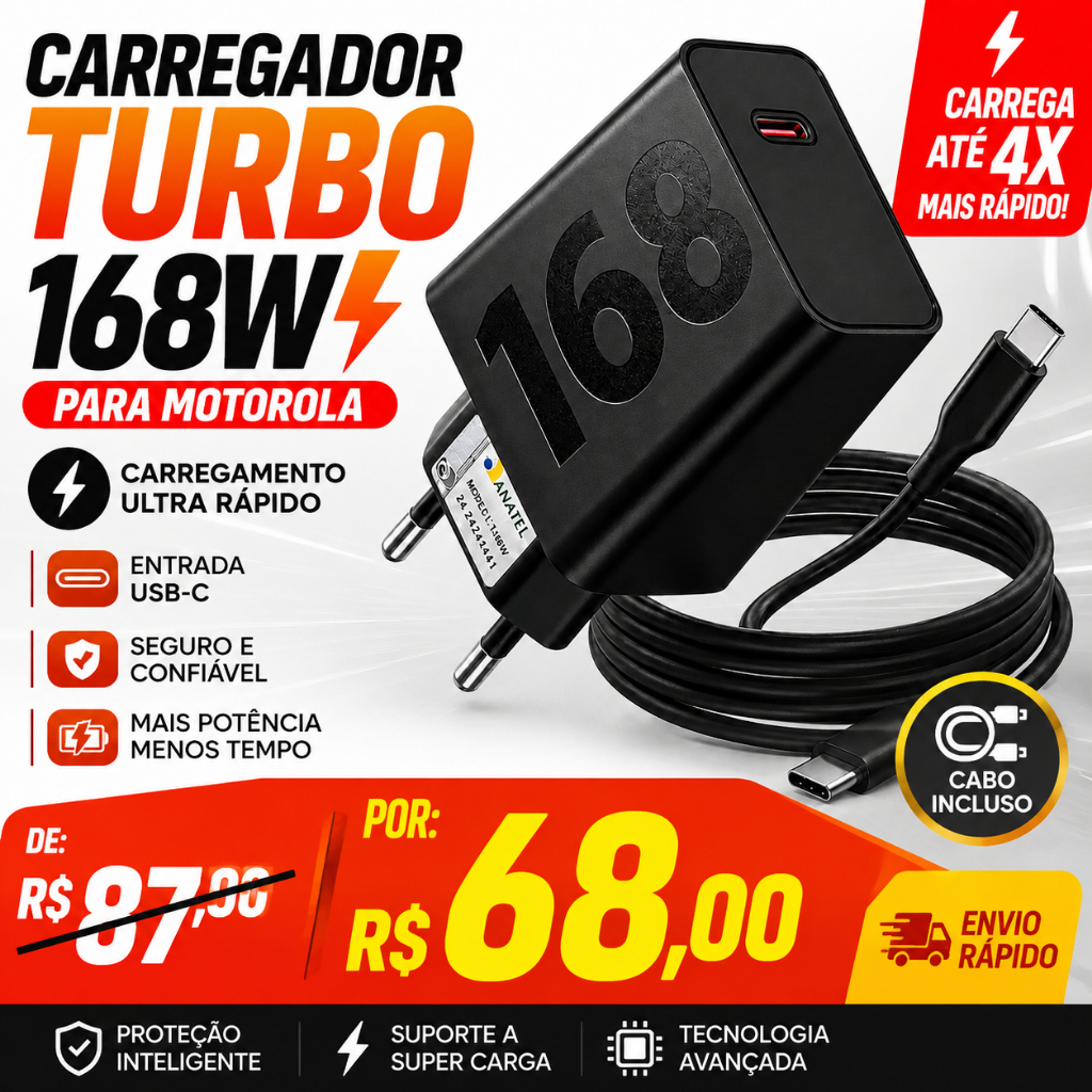 Carregador Turbo 168w Ultra Rápido USB-C Tipo C Para Motorola MotoG Samsumg Xiao