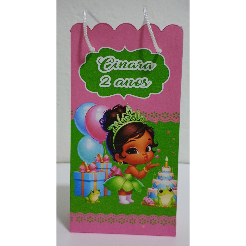 Sacolinhas P  Personalizadas Festa Infantil Princesa Tiana Baby Cut Lembrancinha para Aniversário Pré-montadas