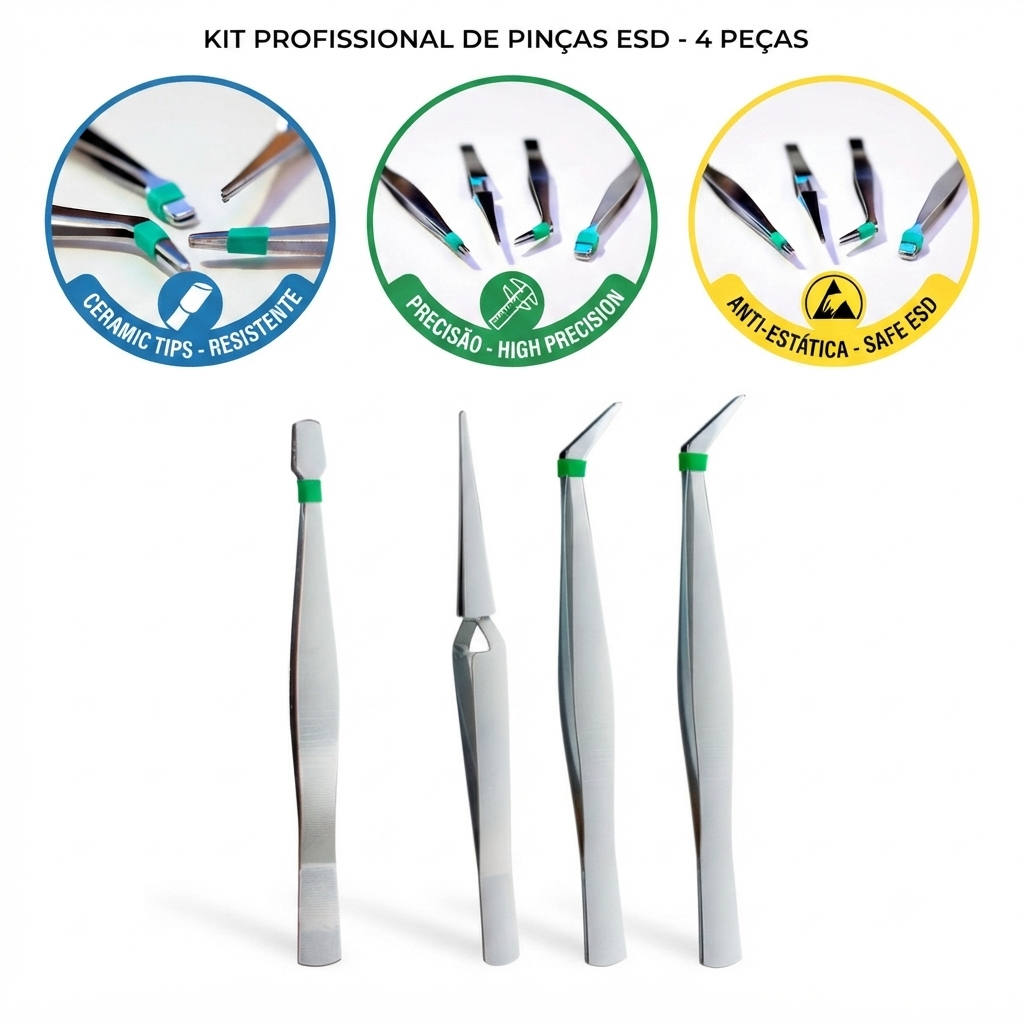 Kit 4 Pinças Profissionais Anti Estática Precisão e Segurança para Eletrônica Artesanato Solda FBG