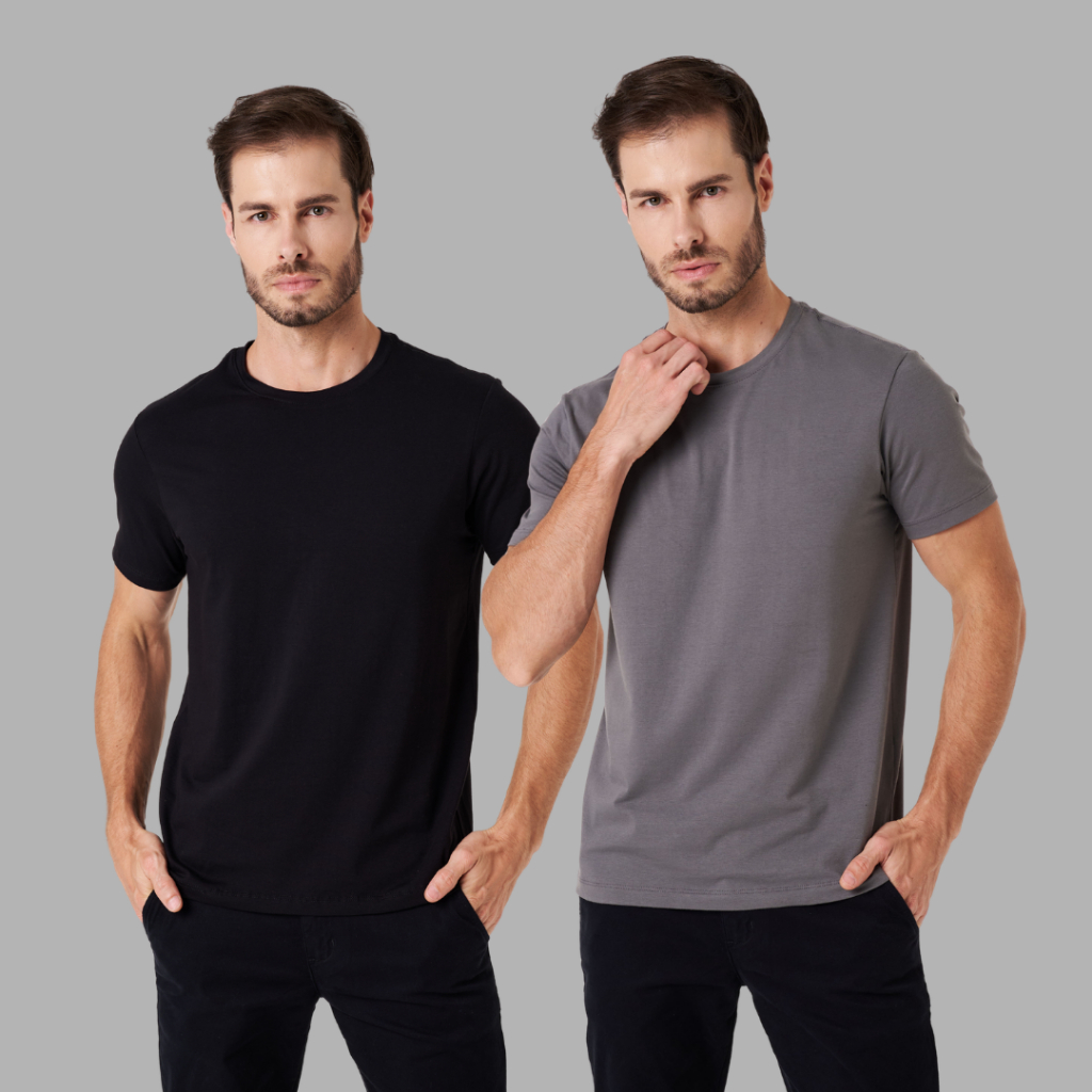Kit 2 Camisetas Algodão Egípcio Premium - Masculina Slim Lisa Básica Combo 2 Unidades Não Desbota - Preto/Cinza