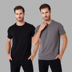 Kit 2 Camisetas Algodão Egípcio Premium - Masculina Slim Lisa Básica Combo 2 Unidades Não Desbota - Preto/Cinza