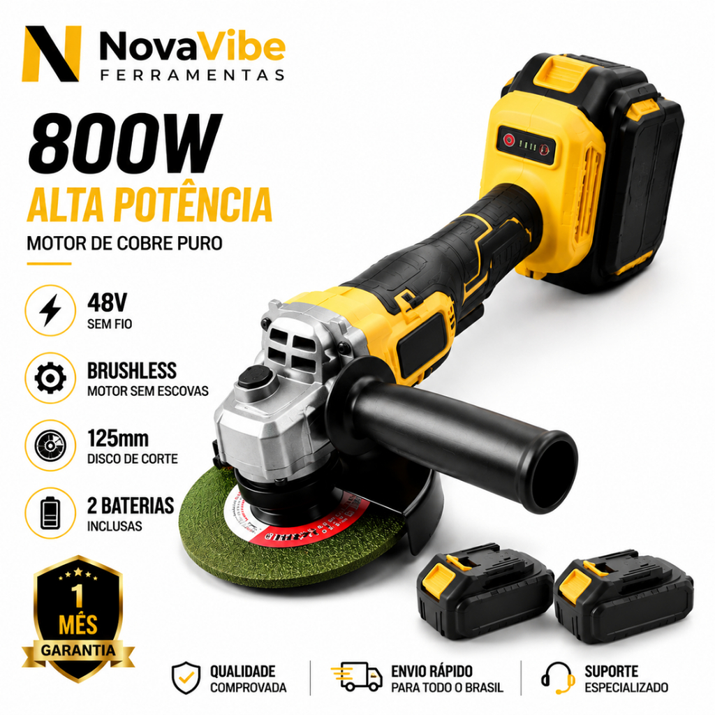 Esmerilhadeira Angular Brushless 48V 800W 10000RPM com 2 Baterias de Lítio 125mm para Corte e Lixamento