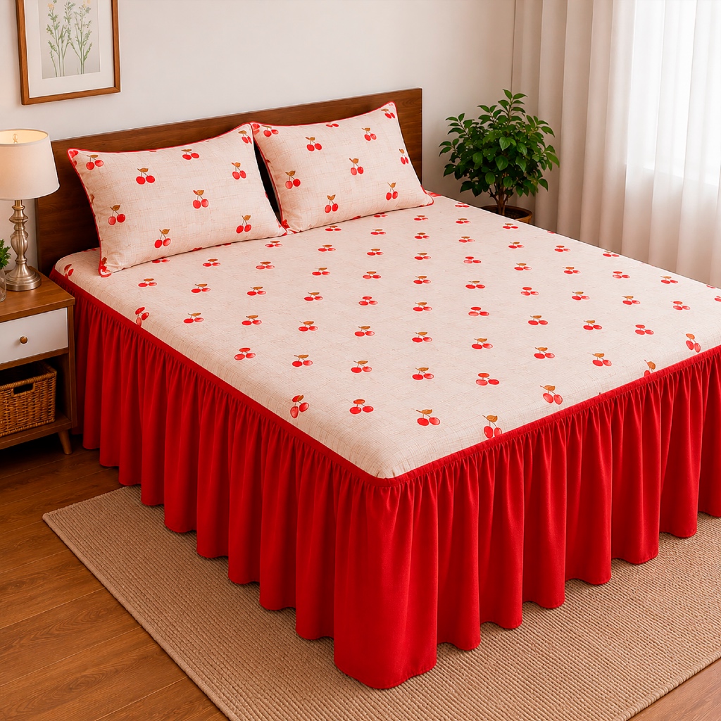 Lençol Colcha Cama Casal 3pçs Tecido Malha 100% Algodão com Babado Helanca Elástico Cor Estampado
