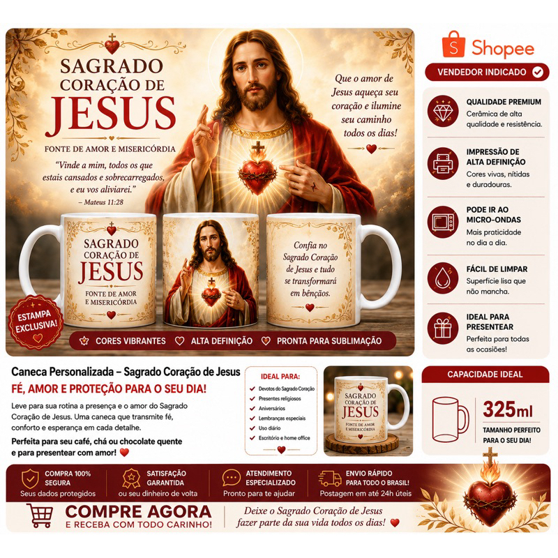 Caneca Sagrado Coração de Jesus 325ml | Caneca de Cerâmica Religiosa | Presente Católico de Fé e Devoção