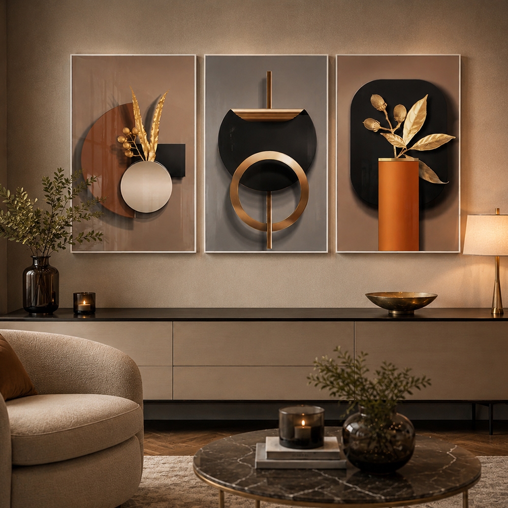 Quadro Decorativo Geométrico 3 Telas com Moldura Sala Quarto
