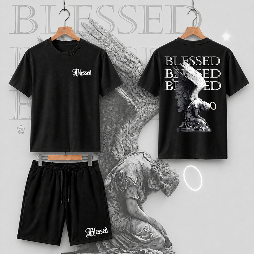 Kit Short Tectel Com Elastano e Camiseta Algodão Conjunto Streetwear Blessed