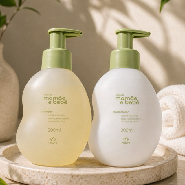 Shampoo e Condicionador Natura Mamãe e Bebê 200ml - Vegano, Fácil Enxágue, Perfumação Suave