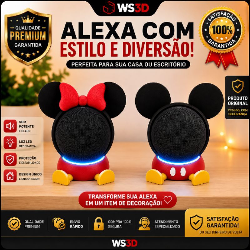 Suporte Alexa Echo Dot 4 e 5 Geração Mickey e Minnie Disney em Impressão 3D Decorativo para Mesa, Rack e Quarto