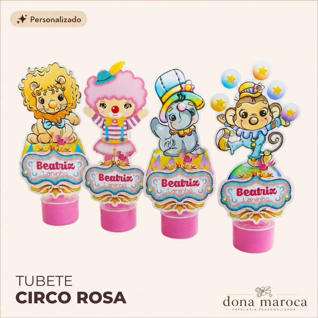 Tubete Personalizado Circo Rosa | Lembrancinha Festa Infantil Menina | Tubete 13cm Tema Circo Encantado