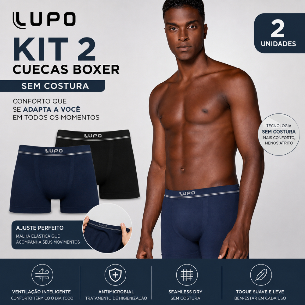 Kit 2 Cuecas Lupo Boxer Microfibra Sem Costura Adulto Duravel Secagem Rápida Toque Macio Formato Anatômico Cueca