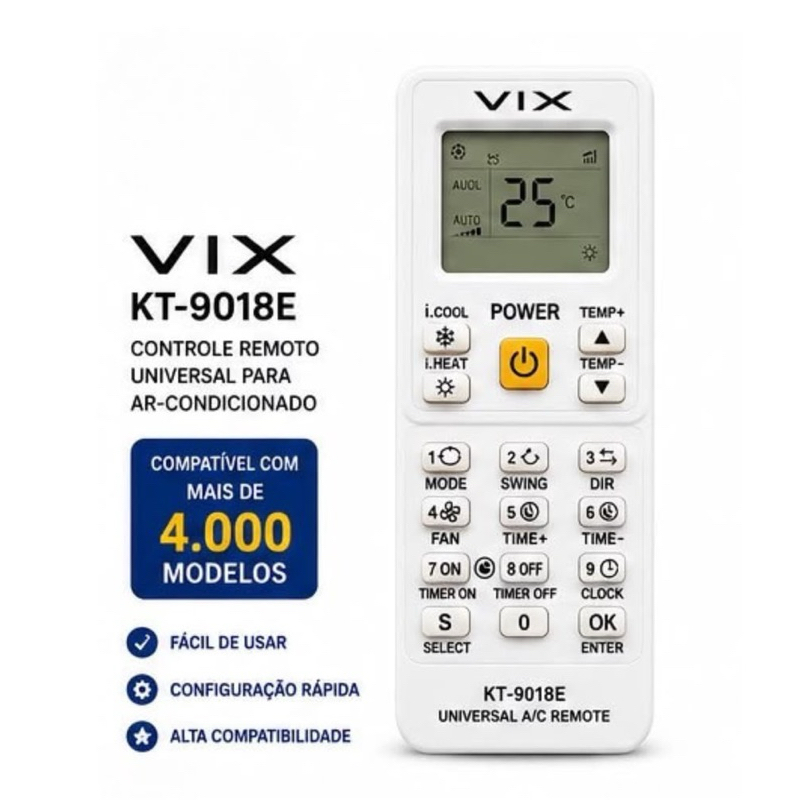 Controle Remoto Universal Ar Condicionado VIX KT-9018E 4000 em 1 Compatível LG S