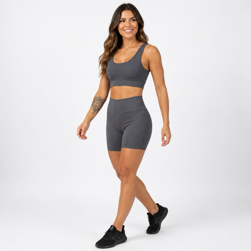 Conjunto Fitness Feminino Top + Shorts Poliamida Cós Alto Zero Transparência Academia