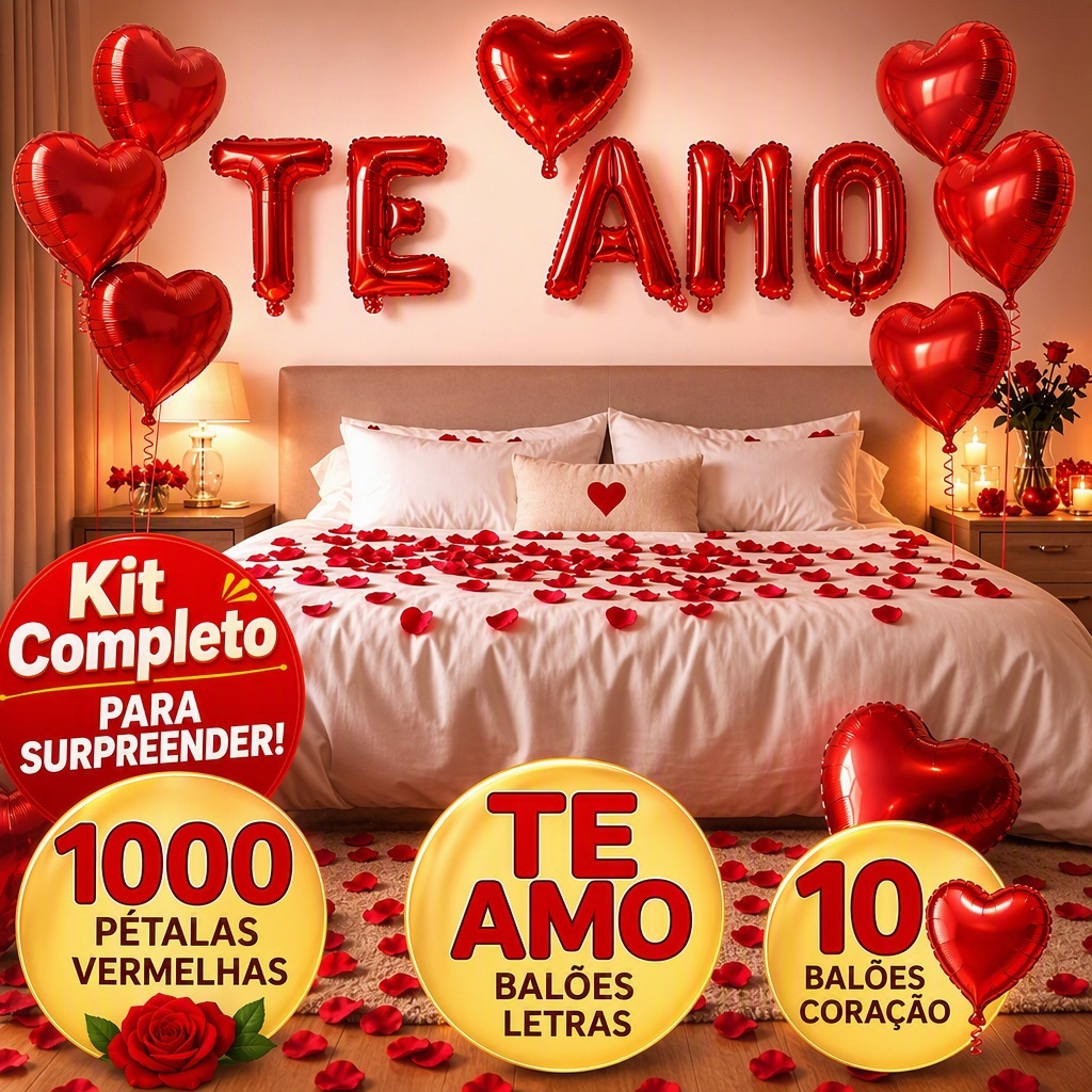KIT Decoração Balões TE AMO + 1000 Pétalas Vermelha + 10 Balões Coração Balão Amor Kit dia Dos Namorados