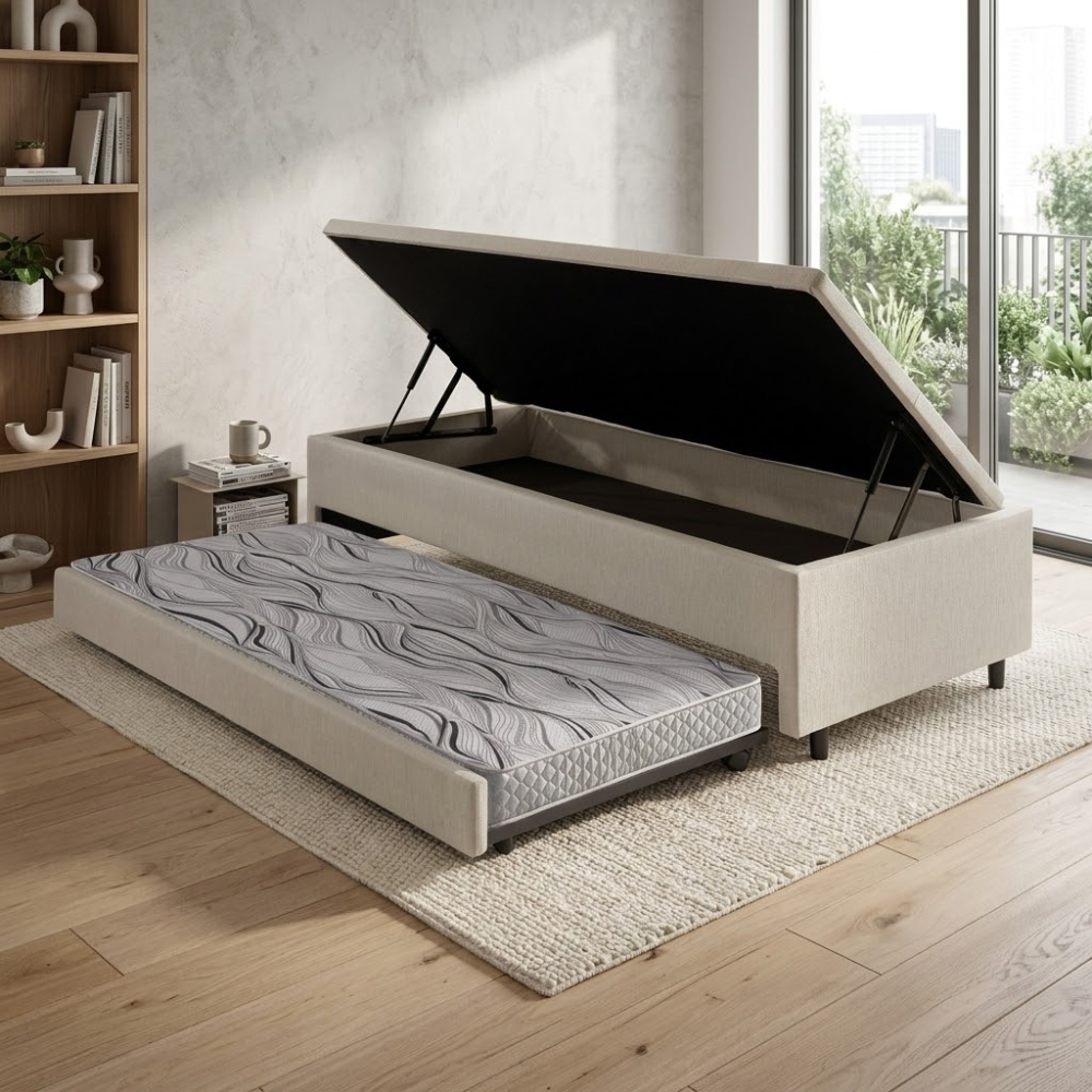 Bicama Box com Baú Solteiro Courino Linho Areia 88x188 com Colchão Auxiliar Ecoflex