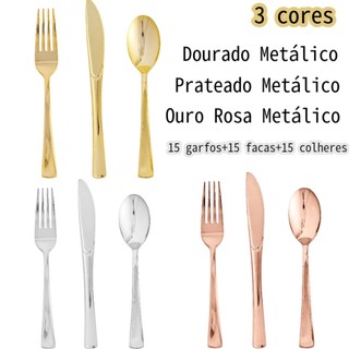 45 talheres festa descartáveis de plástico resistente para 15 convidados, dourado metálico, prateado e ouro-rosa