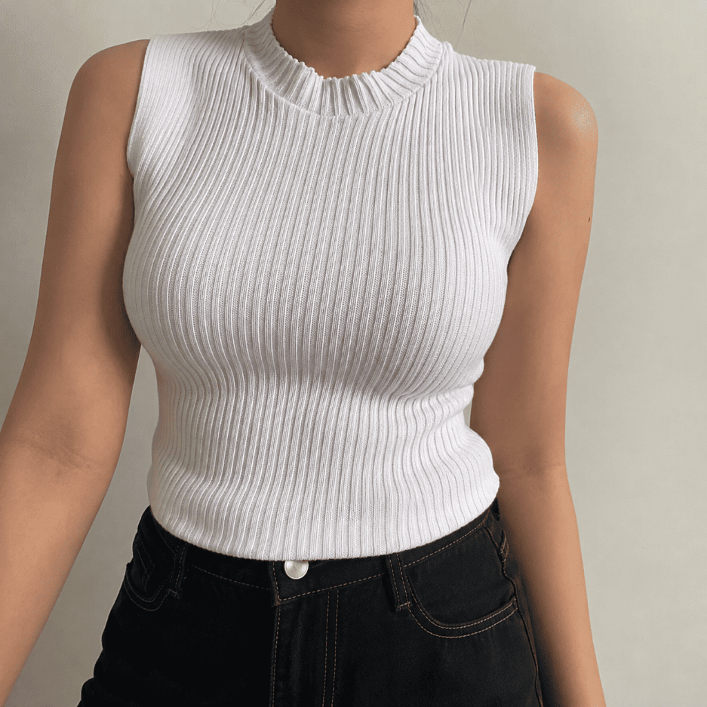 Regata Feminina Gola Alta Tricô Canelado Branca Moda Básica Verão