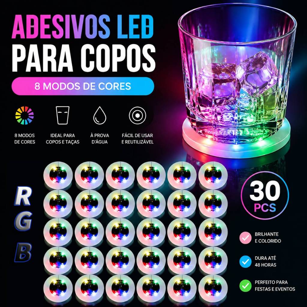 8.8 Preço Kit 20/30/40/50/80 Adesivo Led Base Luminosa P/ Garrafas E Copos Luz