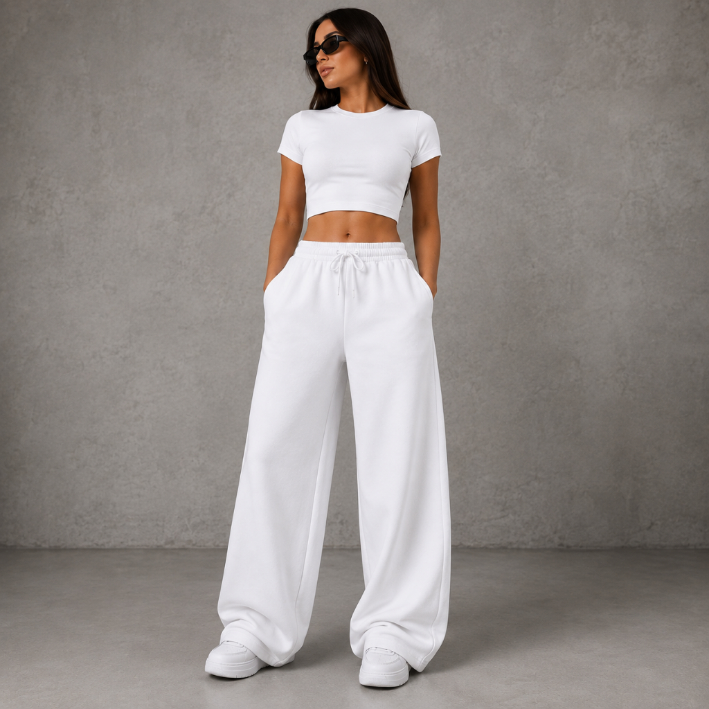 Conjunto Feminino Cropped Slim + Calça Wide Pantalona Moletinho Premium Casual Confortável