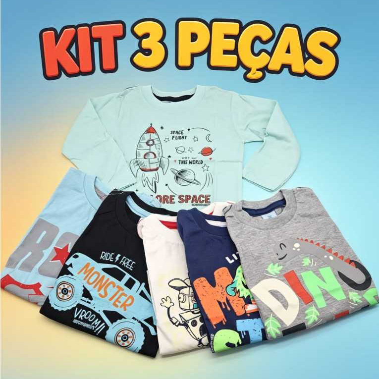 Kit 3 peças Blusa Infantil Juvenil Menino Manga Longa 01 ao 14 𝙀𝙨𝙩𝙖𝙢𝙥𝙖𝙨 𝘿𝙞𝙫𝙚𝙧𝙨𝙖𝙨