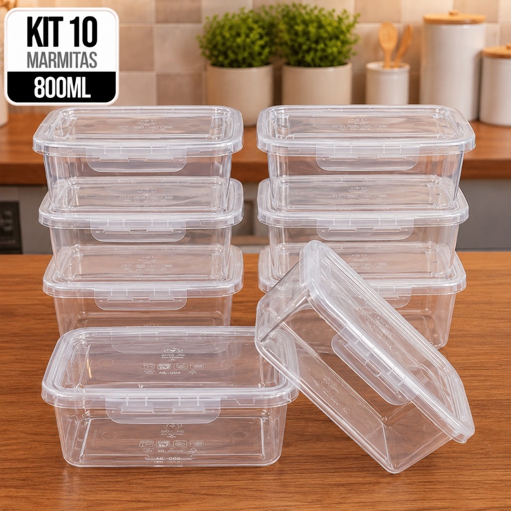 Kit 10 Marmitas Plásticas Retangulares 800ml com Tampa Transparente | Freezer e Micro-ondas