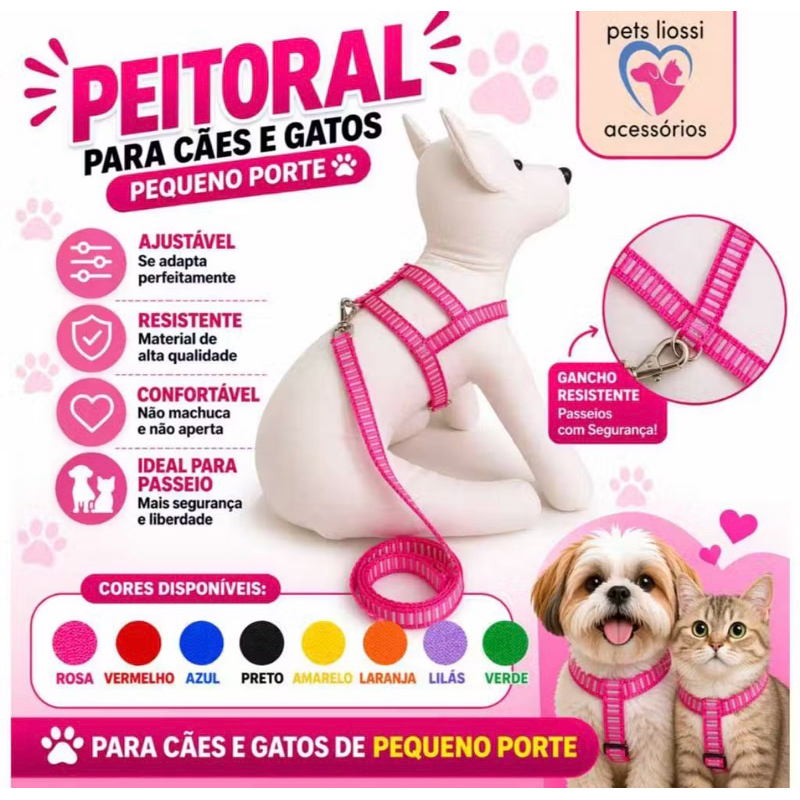 COLEIRA PEITORAL + GUIA CÃES PORTE PEQUENO E GATOS CACHORRO PEQUENO DIRETO DE FABRICA